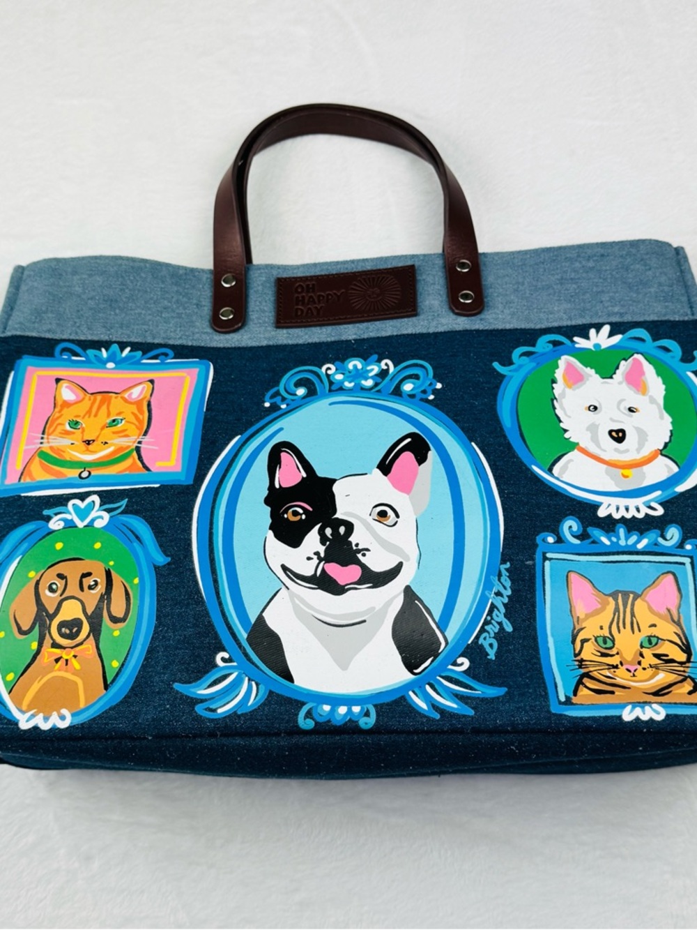 Brighton Artful At Heart Fur Family East West Denim Tote, a pet-themed denim bag